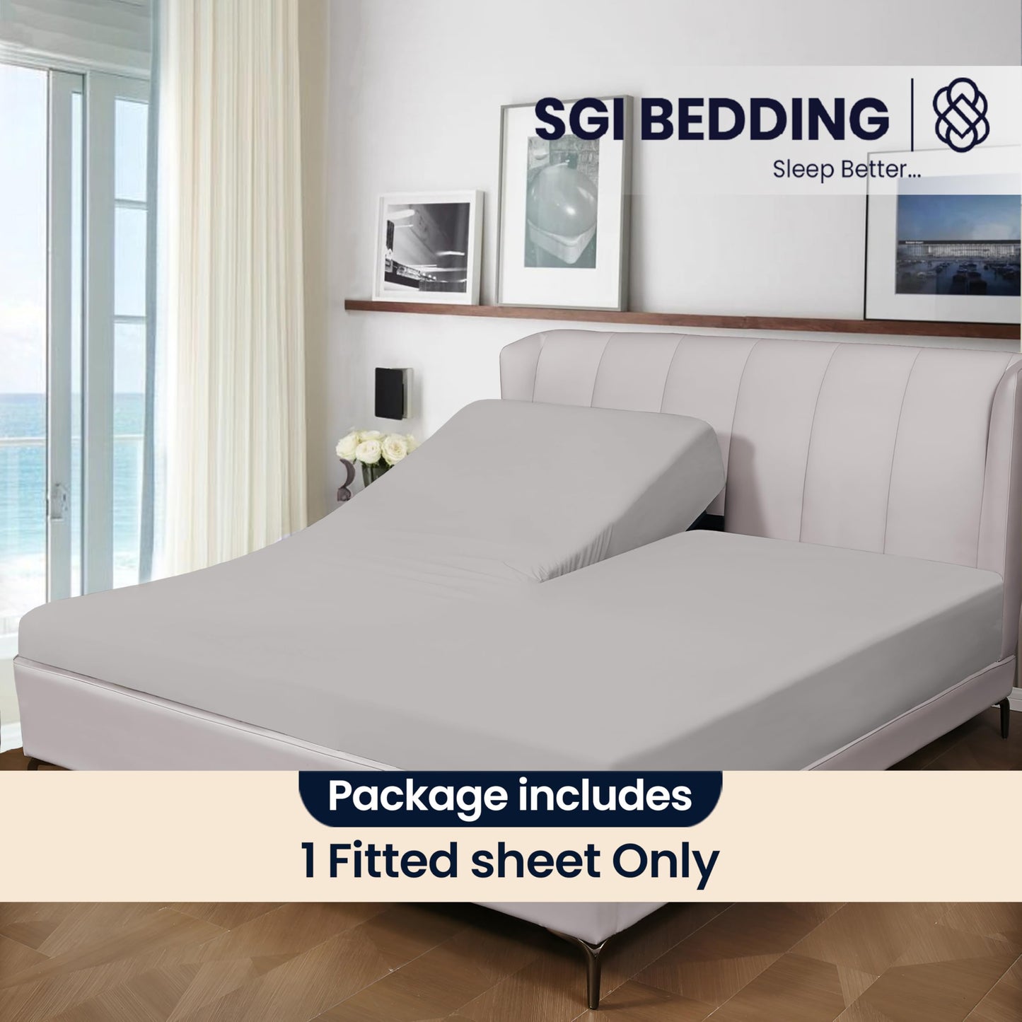 SGI bedding 32" Queen Split Top Flex Head Fitted Sheet ONLY 100% Egyptian Cotton Sheet Flex Top Fitted Sheet for Adjustable Bed 15" Deep Pocket, Sleep Number Bed - Silver
