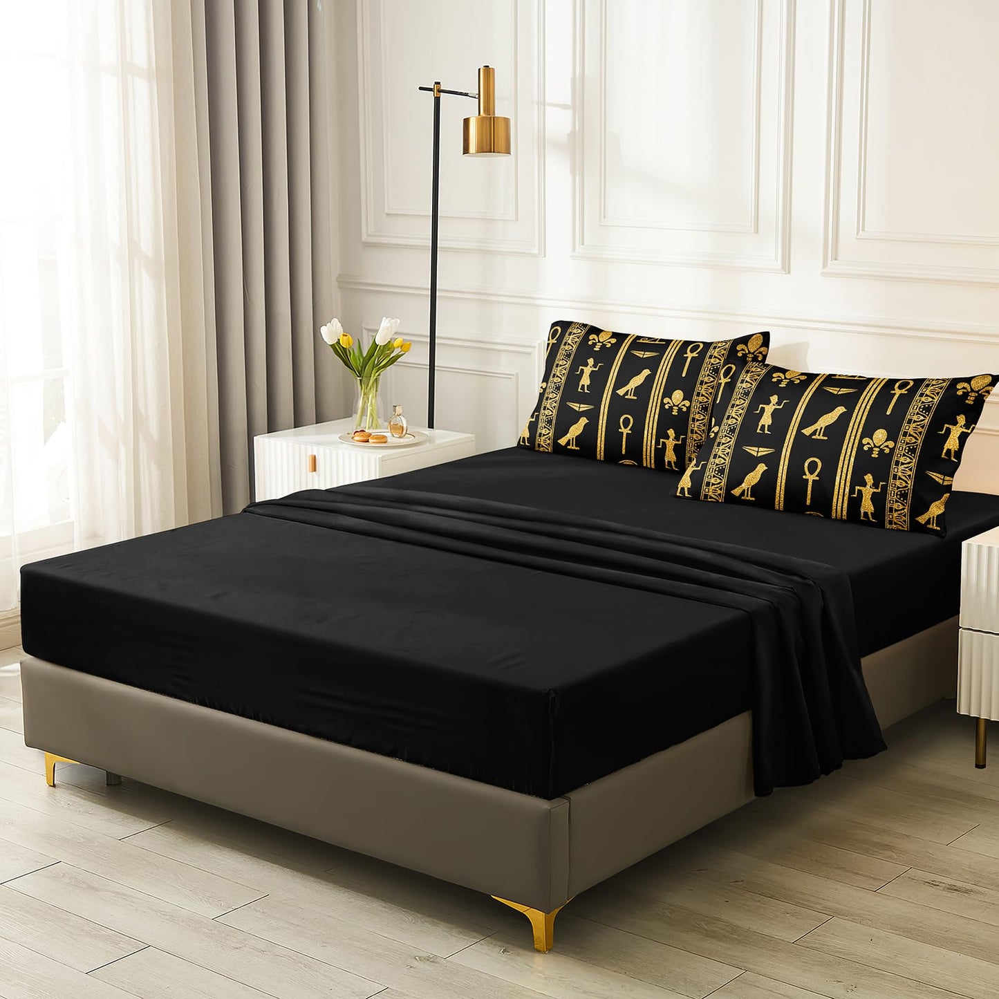 Black Gold Queen Bedding Set - Ancient Egyptian Vintage Pharaoh Pyramid Pattern Boho Tribal Comforter Sheet Set with 1 Cushion Cover (Queen, Black)