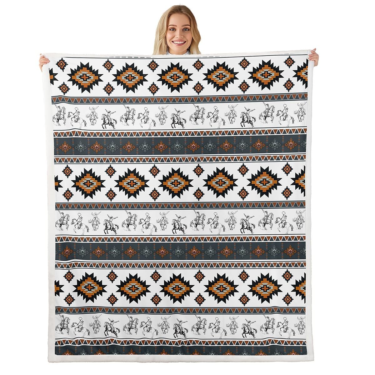 Feelyou Western Cowboy Sherpa Blanket Southwestern Aztec Fleece Throw Blanket Boys Girls Horse Riding Design for Bed Couch Chair Living Room Ranch Farmhouse Bedroom Decor Blue Brown 40"x50"