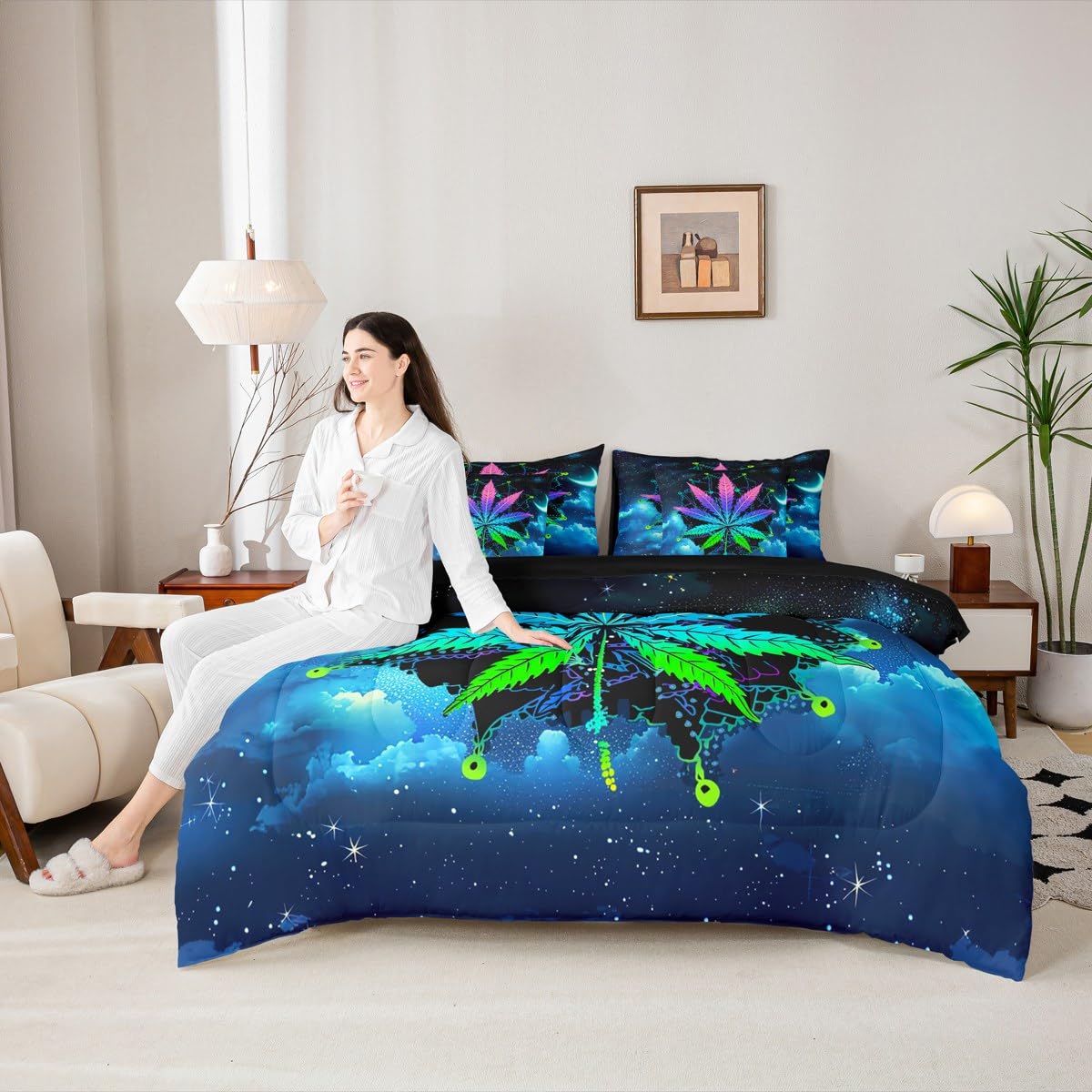 Erosebridal Leaves Twin Comforter Set 7 Pieces, Bohemian Mandala Bed in A Bag, Leaf Bedding Set with Comforters, Sheets, Pillowcases Galaxy Starry Sky Bedroom Decor