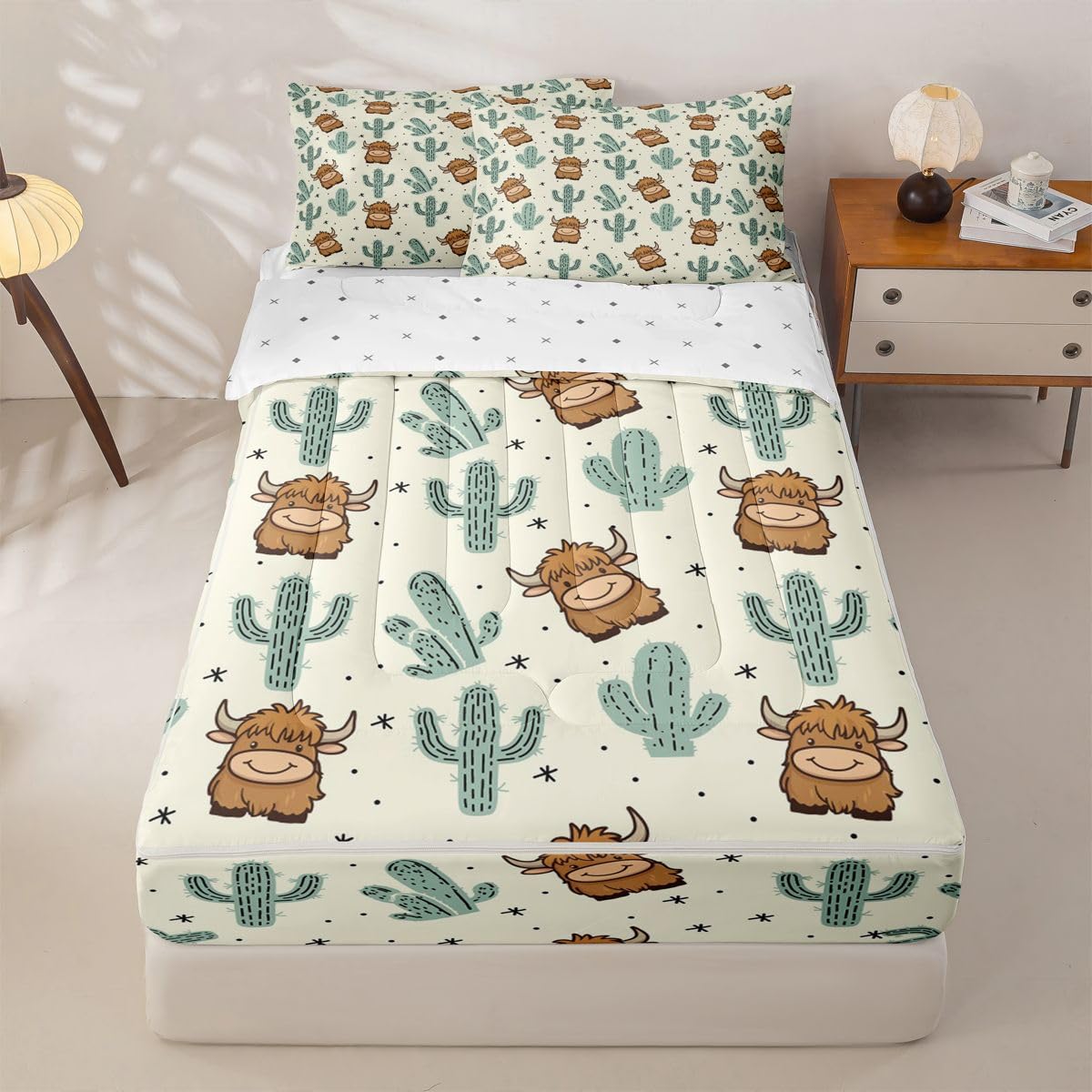 Feelyou Khaki Southwestern Aztec Zipper Bedding Twin Western Cactus Bohemian Boho Tribal Comforter Set with Fitted Sheet and Pillowcases Highland Cow Zipper Bedding Sets Highland Cattleorange