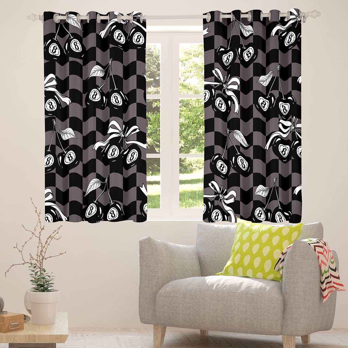 Erosebridal Y2K Lucky 8 Ball Window Drapes Coquette Cherry Bow Blackout Curtains 42" Wx63 L Black Brown Checkered Plaid Curtains for Bedroom,Fashion Aesthetic Preppy Window Treatments 2 Panels