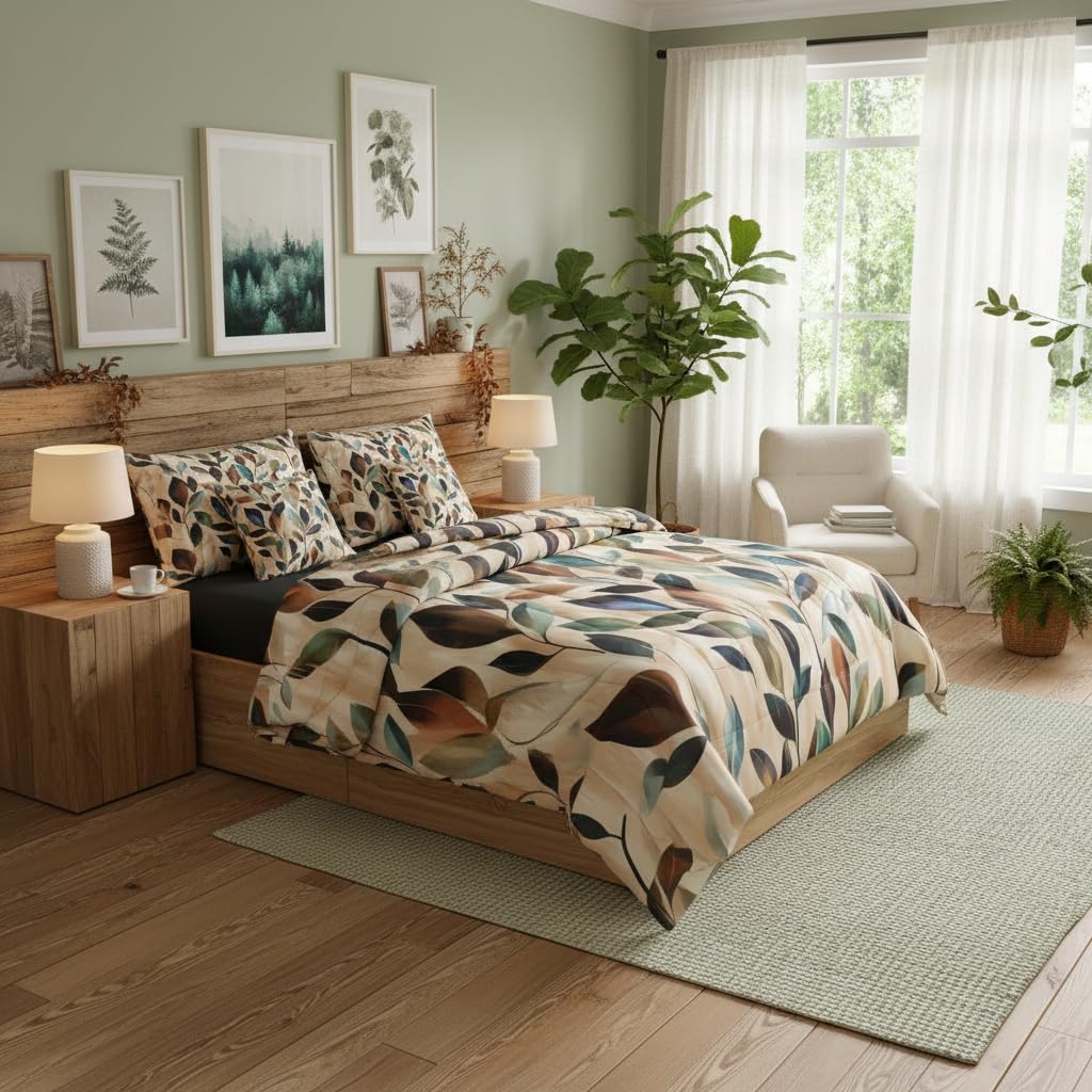 Erosebridal Leaves 7 Pcs Bedding Set Queen Vibrant Floral Comforter Set with Sheets Boho Farmhouse Bed in A Bag Retro 70S Theme Bedroom Decor