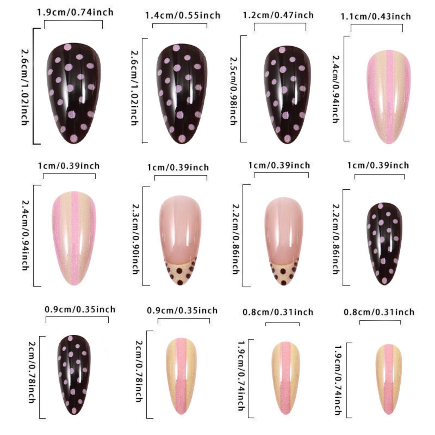 octoswave Long Almond Press on Nails Pink Striped and Brown Polka Dot Glossy False Nails for Women Girls Party Travel Fashion Fake Nails Art 24Pcs