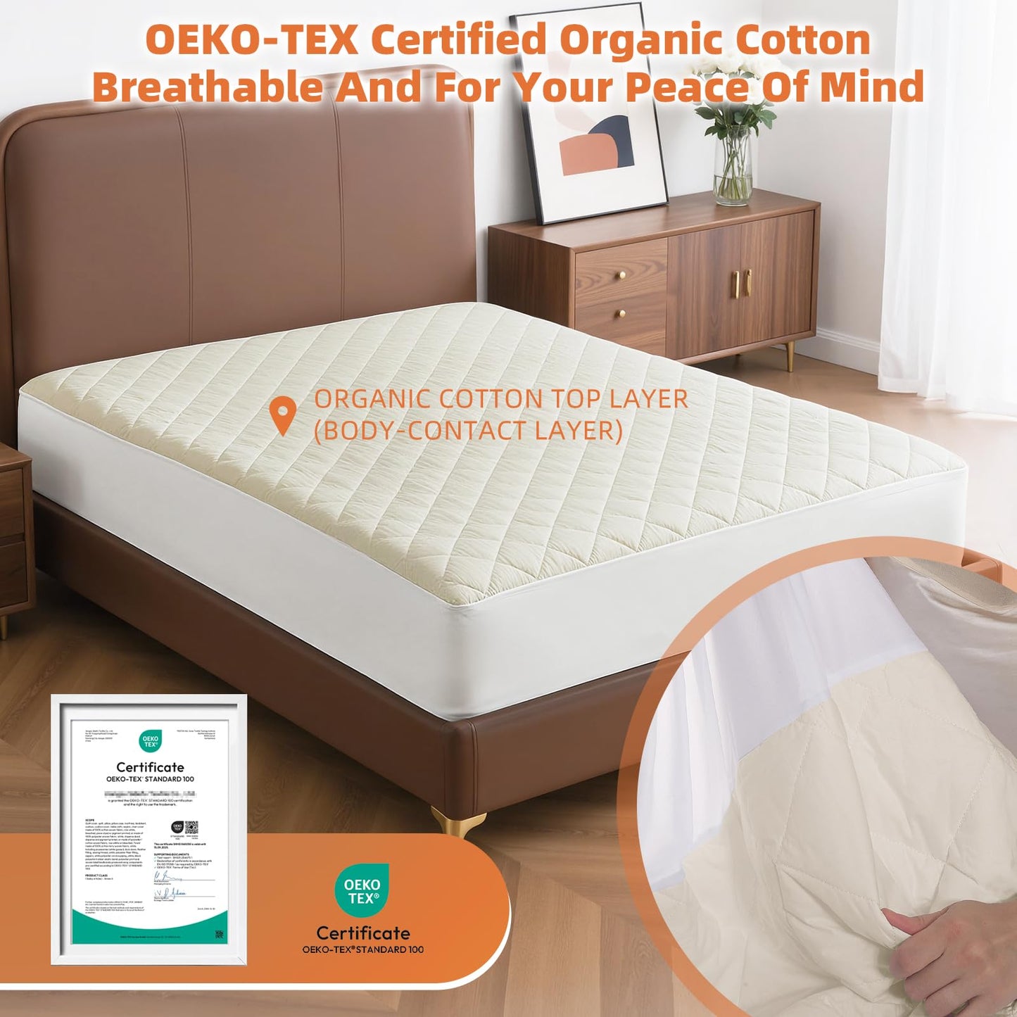 Lofe Organic Queen Mattres Protectors - Top&Side 100% Waterproof Mattress Protectors, Breathable Organic Mattress Protector, Noiseless Queen Mattress Protector Waterproof 80x60x17 in