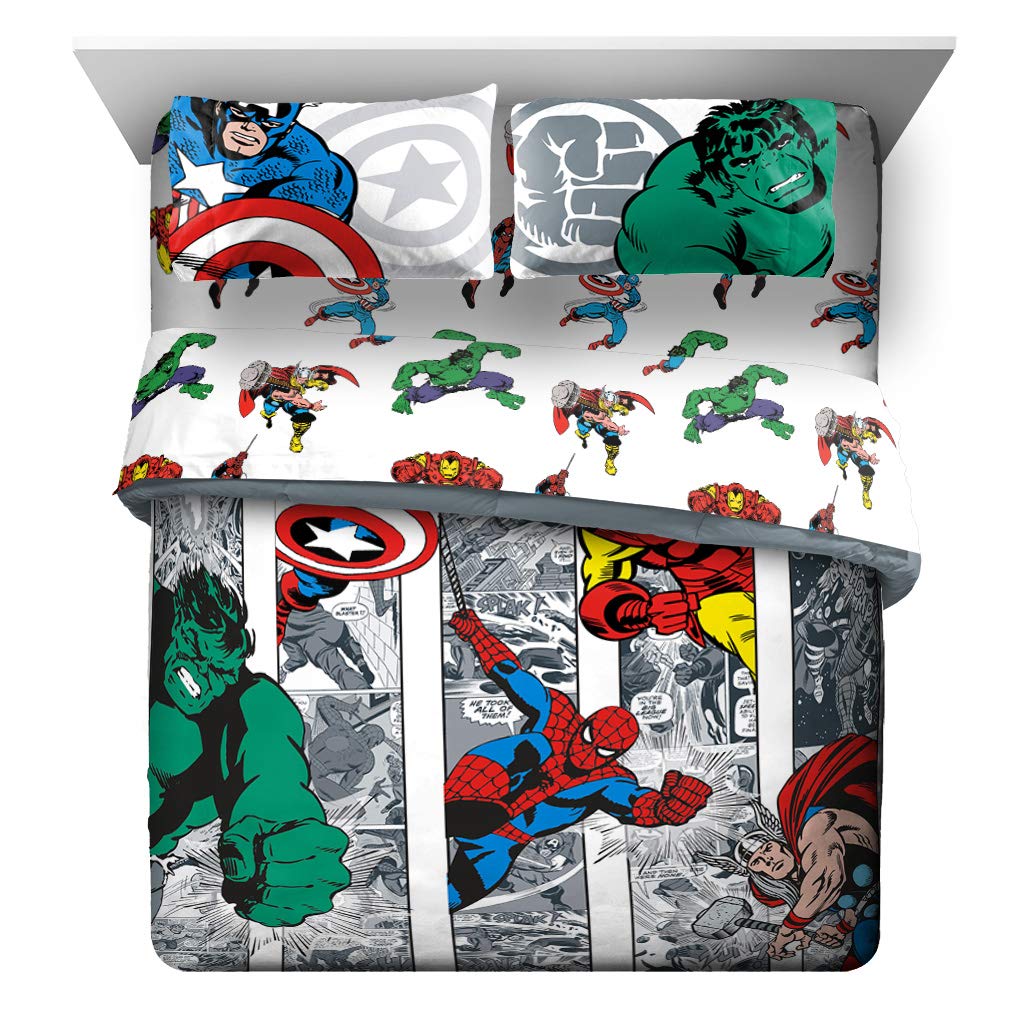 Jay Franco Marvel Avengers Comic Cool 7 Piece Queen Bed Set - Includes Comforter & Sheet Set - Bedding Features Captain America, Spiderman, Iron Man, Hulk, & Thor - Super Soft