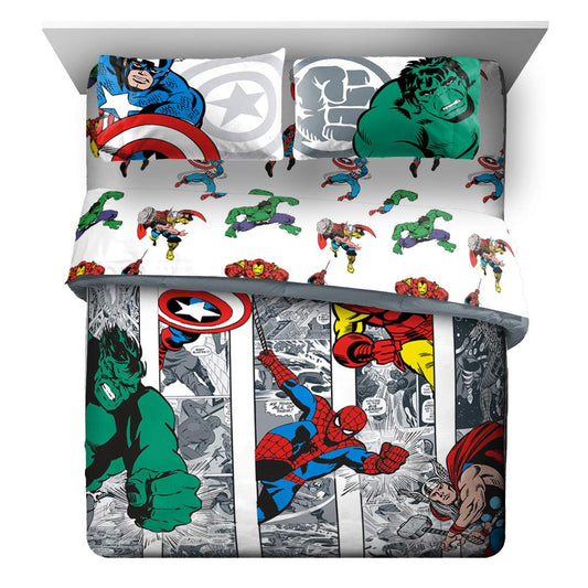 Jay Franco Marvel Avengers Comic Cool 7 Piece Queen Bed Set - Includes Comforter & Sheet Set - Bedding Features Captain America, Spiderman, Iron Man, Hulk, & Thor - Super Soft