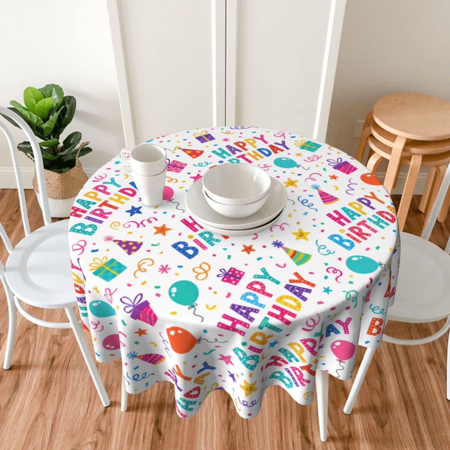 mutakin Happy Birthday Tablecloth Round Table Cloth Washable Rustic Table Cover for Decoration Kitchen Dining Room 60 Inch