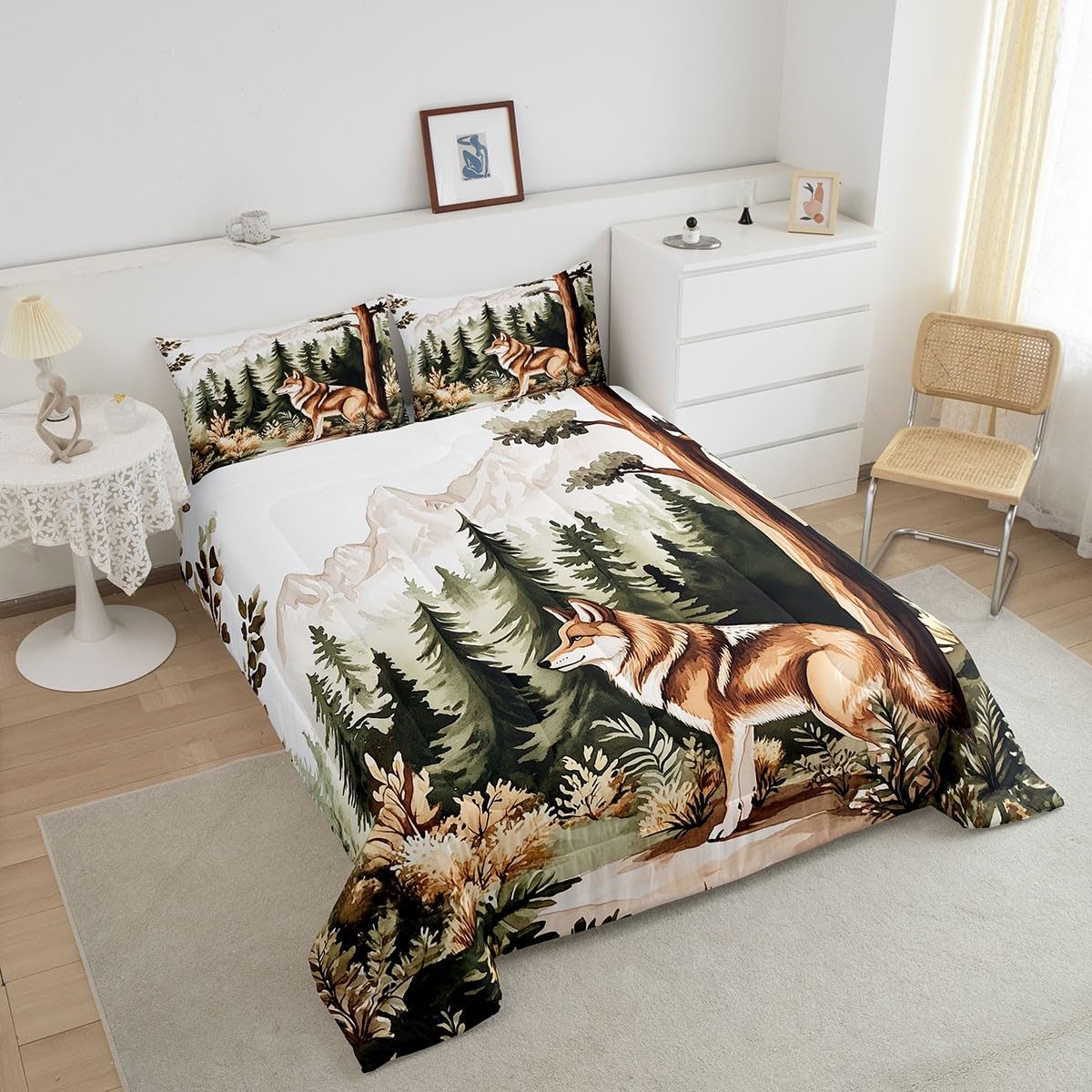 Wolf Bedding Set Full Size,Pine Tree Wild Animal Comforter Set for Kids Girls Boys Adults Room Decor,Jungle Woodland Botanical Duvet Insert 3Pcs,Wildlife Plant Microfiber Quilt Set,2 Pillowcases