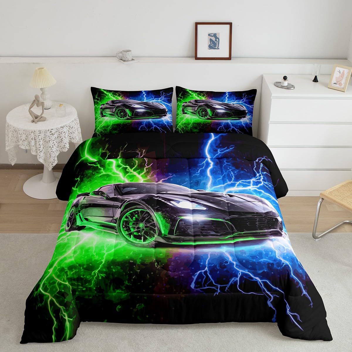 jejeloiu Race Car Kids Comforter Set Twin Size Automobile Bedding Set Blue Green Duvet Quilt for Kids Boys Girls Bedroom Speed Sports Car Decor Microfiber Ultra Soft Breathable