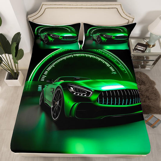 Green Race Car Fitted Sheet Twin Size Sports Car Bedding Set Extreme Games Sport Theme Bed Cover For Kids Boys Youth Man Vehicle Racer Speedometer Automobile Bedclothes 2Pcs Child Room Decor
