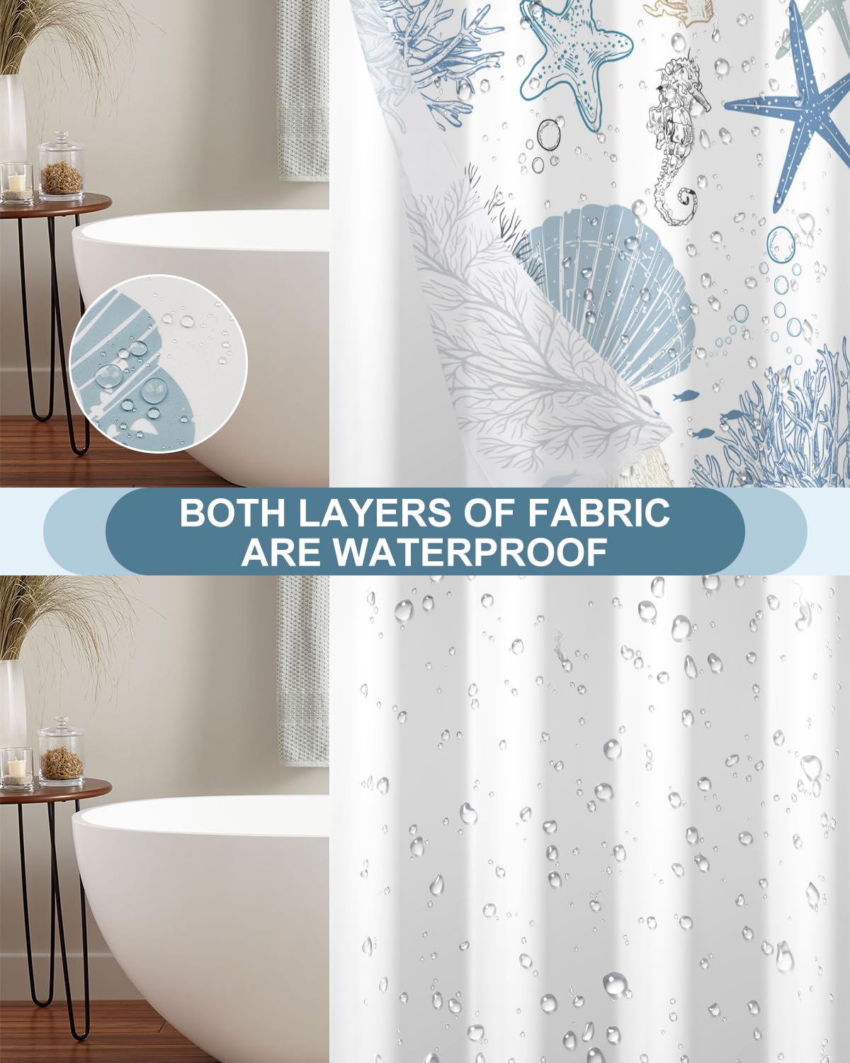 Xiazhilaio No Hook Shower Curtain with Snap in Liner Set - Sea Seashells, Starfish & Coral Print Shower Curtains for Coastal Nautical Ocean Bathroom, Waterproof Bath Curtain with Mesh Top, 71x74 Inch