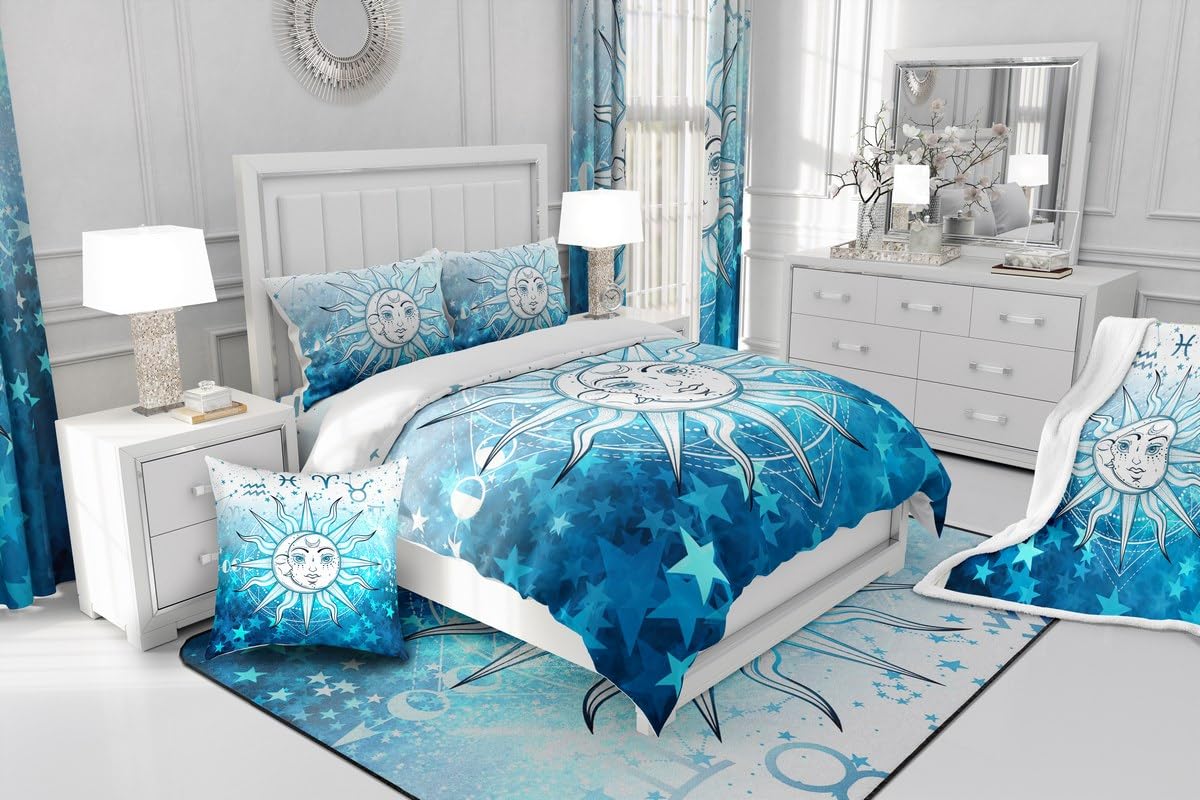 Manfei Sun and Moon Comforter Set Twin Size Blue Stars Print Bedding Set 2pcs for Kids Boys Girls Room Decor, Outer Space Galaxy Theme Quilt Set Boho Exotic Duvet Insert with 1 Pillowcase