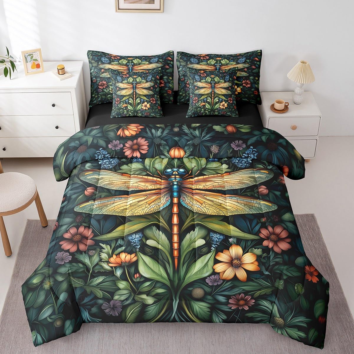 Erosebridal Dragonfly Bedding Set for Kids Teens,Flying Dragonflies Comforter Set King Size,Floral Leaves (Comforter+Fitted+Flat Sheet+2 Pillowcases+2 Throw Pillow Covers) 7 Pieces Bed Set