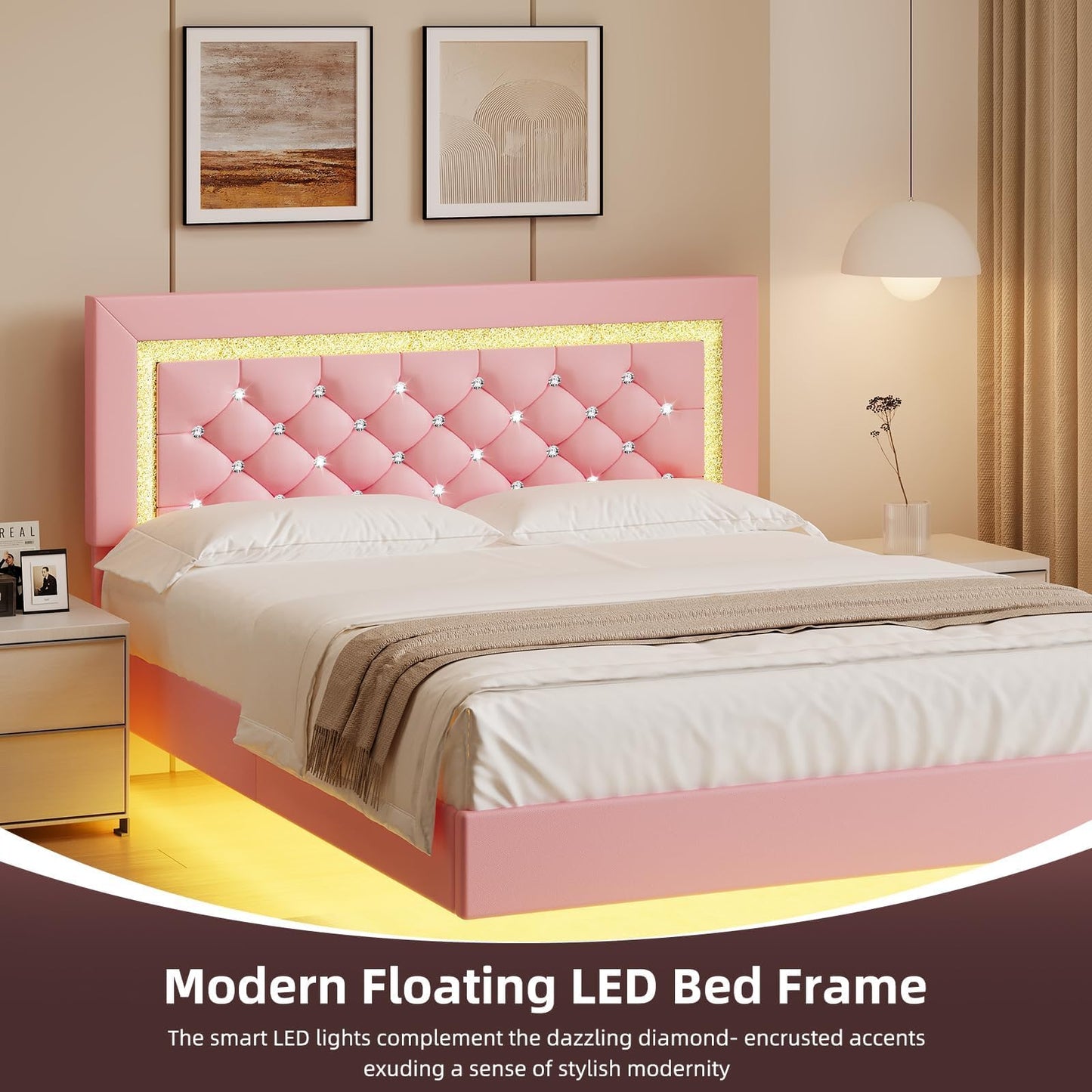 BarnFurin Floating Bed Frame Full with LED Lights, Upholstered Bed Frame with Diamond Headboard, No Box Spring Needed, Noise Free, Easy Assembly, Pink