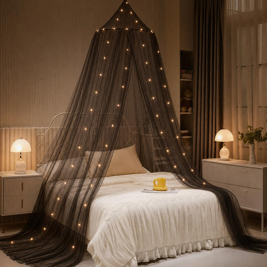 Bed Canopy with Lights, Bed Canopy for Girls Princess with Luminous Stars, Canopy Bed Curtains for Twin to King Size Bed, Baby Kids Adult Indoor Decor Bedroom Reading Nook Halloween Decoration (Black)