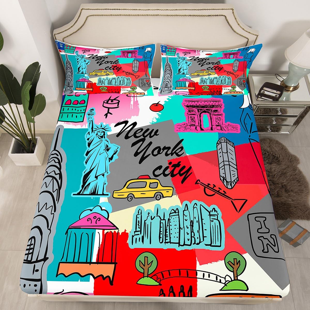 Statue of Liberty Fitted Sheet New York Cityscape Bed Sheet Set for Kids Children Teens Famous City Scene Bedding Set Historical Scenery Bed Cover Full Size with 2 Pillow Case