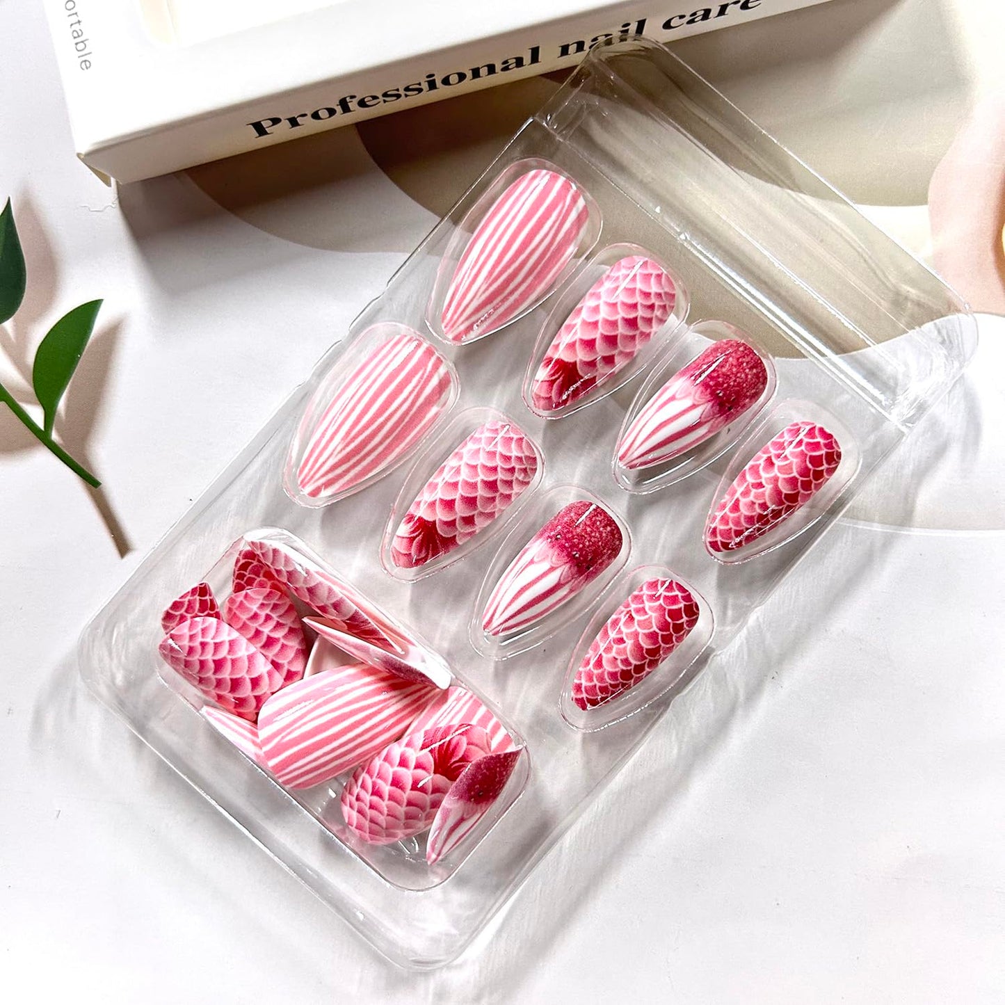 LOPMNGHT Almond Tip Press on Nails Long Length Pink Fish Scales Pattern Design Full Cover Glossy Acrylic False Nail Almond Shaped Stick on Nail 24Pcs Pink French Tip Press Ons Glue on Nails for Women