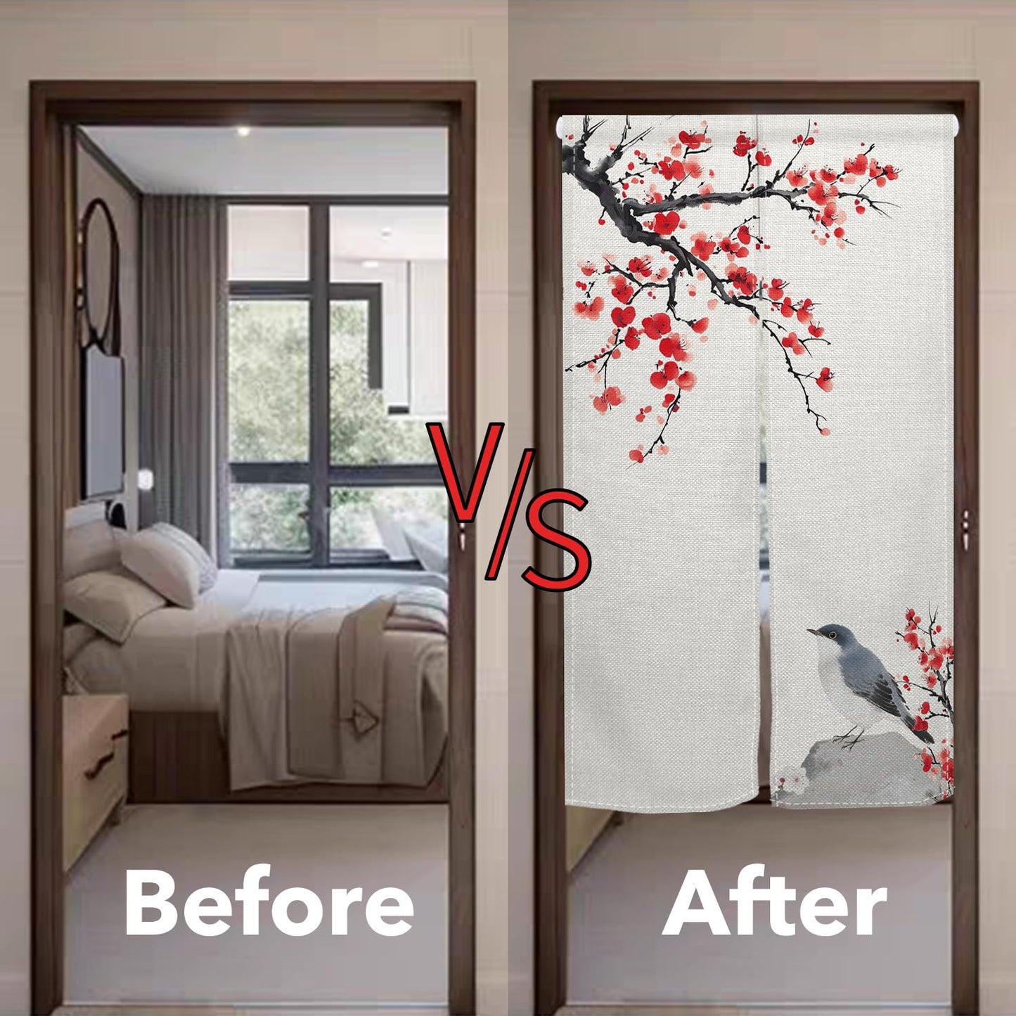 Leowefowa Long Japanese Noren Doorway Curtain Chinese Style Window Treatment Bird Printing Hanging Door Curtain Tapestry Panel for Room Divider Home Kitchen Decorations (Red, Blossom), 33.5"x 70.9"