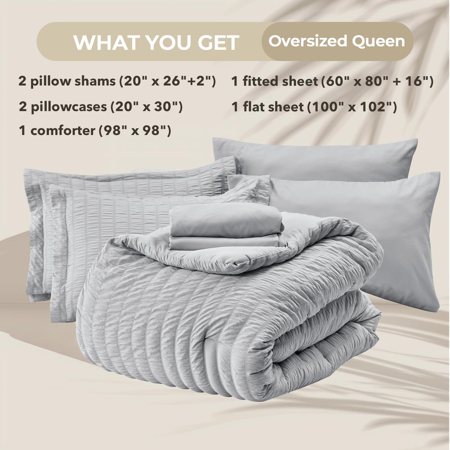 HYMOKEGE Light Grey Oversized Queen Comforter Set Seersucker 7 Pieces, All Season Luxury Bed in a Bag for Bedroom, Bedding Set with Comforter, Sheets, Pillowcases & Shams