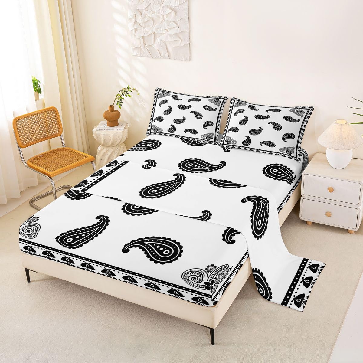 Erosebridal Paisley Floral Bed Sheets Set Full Mandala Exotic Chic Flower Sheet Set Retro Boho Sheets Black White Flat Fitted Sheet