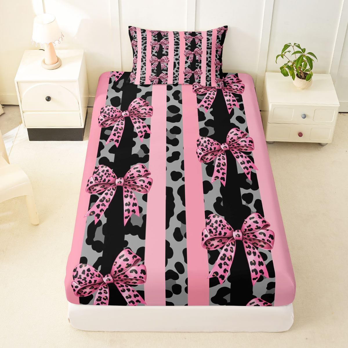 jejeloiu Black Leopard Bow Fitted Sheet Twin Size for Kids Boys Girls Striped Coquette Bow Bed Sheets Set 16" Deep Pocket Leopard Fur Print Bedding with 1 Pillowcase Room Decor