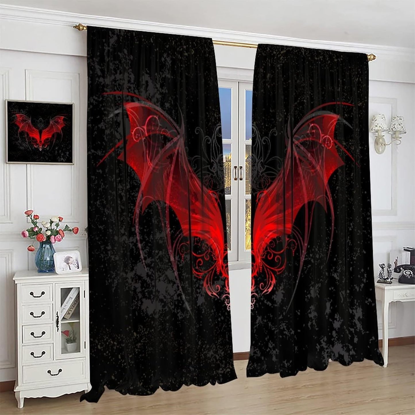 HZOHNAGO Gothic Curtains Red Bat Pattern Blackout Print Rod Pocket Window Drapes for Bedroom Living Room 42x45in
