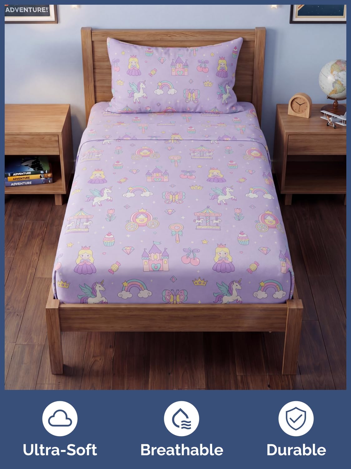 CGK Unlimited Kids Princess Dreamland Twin 3 Piece Sheet Set - Boys, Girls, Teens, Toddler - Easy Fit Deep Pockets - Soft, Cooling & Breathable Sheets - Cozy, Fade & Wrinkle Free - Machine Washable