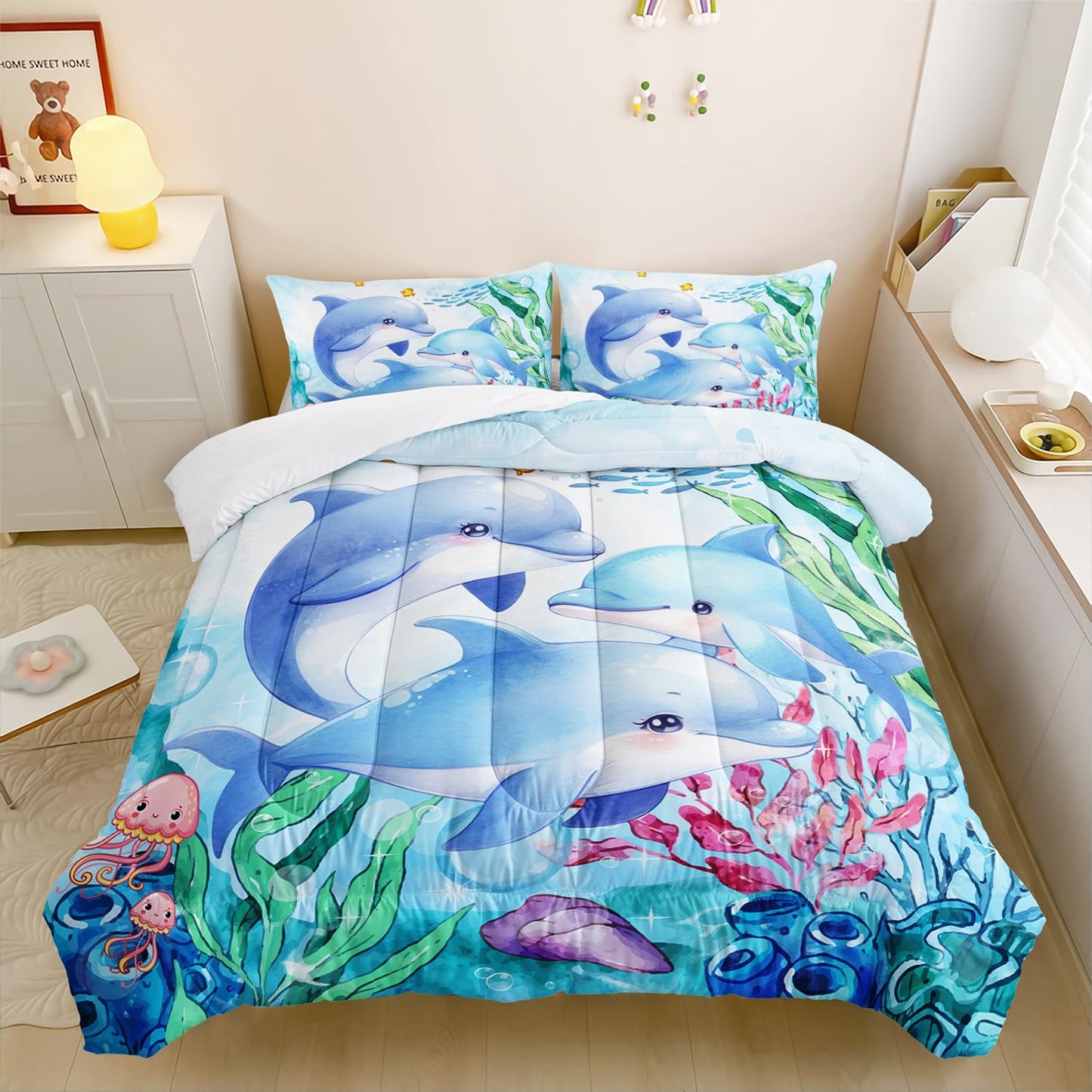 XYNHML Dolphins Animal Aqua Blue Green Sea Comforter 3pcs Full Kids Coral Jellyfish Comforter Set for Boys Girls Ocean Waves Bedding Fish Quilt Bed Set with 1 Comforter and 2 Pillowcases