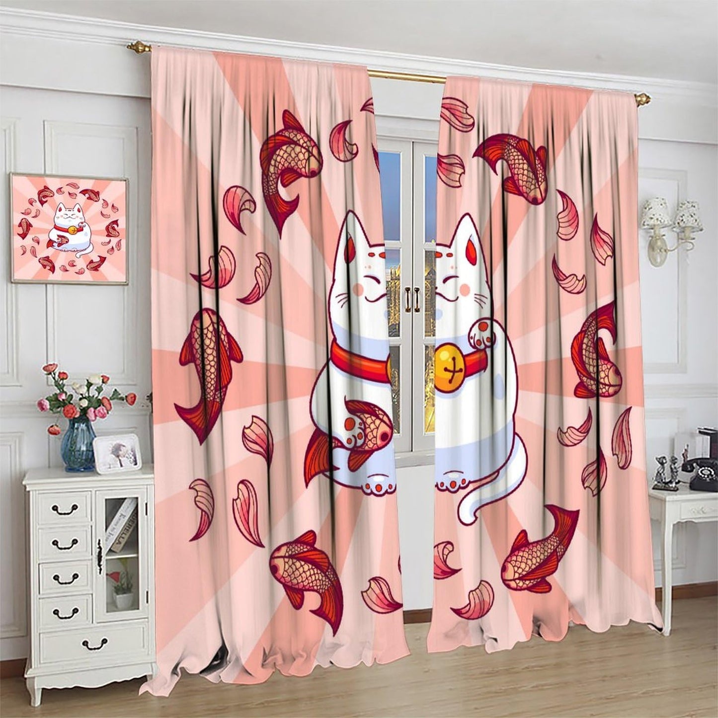 JanJCurt Japanese Noren Curtains, Lucky Cat Kitchen Window Curtain Oriental Style Traditional Red Carp Good Luck Window Treatments for Kitchen Living Room Bedroom, 42x45 Inch (No Blackout)