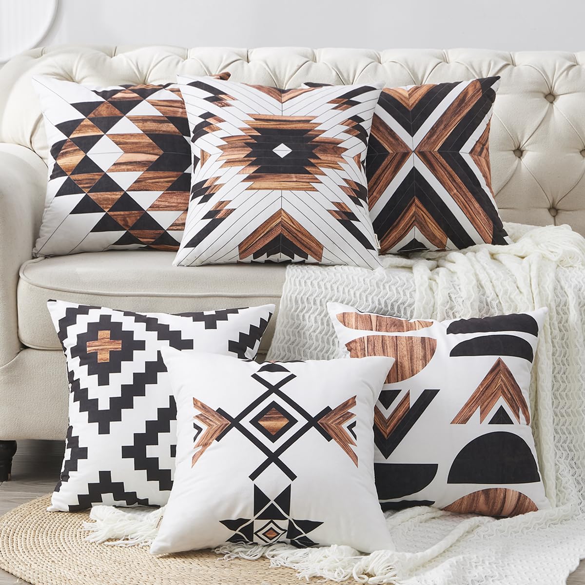 Ceexolliss Aztec Throw Pillow Covers Set of 6,Rustic Southwestern Western Brown Wooden Texture Home Decor Ethnic Farmhouse Outdoor Couch Decorative Cushion Case 18"X18"