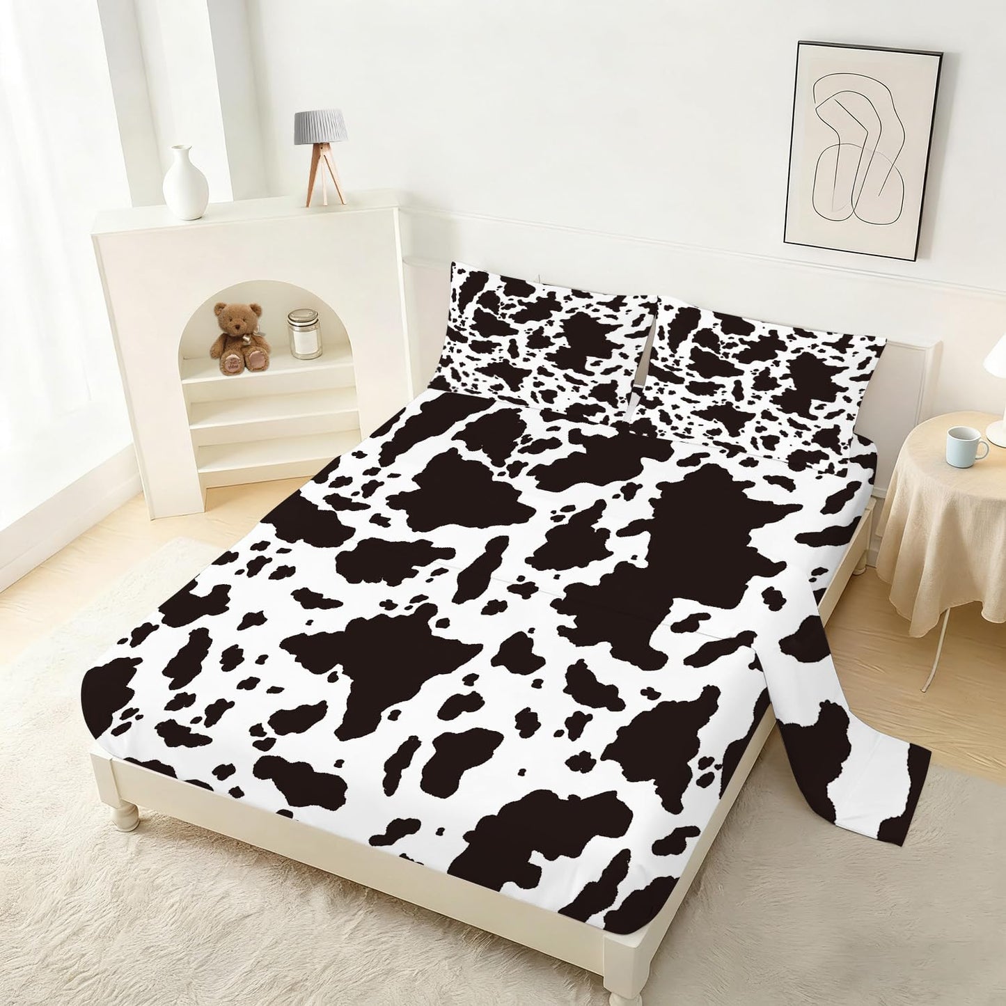 VTKON Cow Print Fitted Sheet Set Farmhouse Bed Set Twin for Boys and Grils, Cottage Milk Sheets Set with Deep Pocket, Cute Cow Bed Set with 1 Flat Sheet, 1 Fitted Sheet and 1 Pillowcase