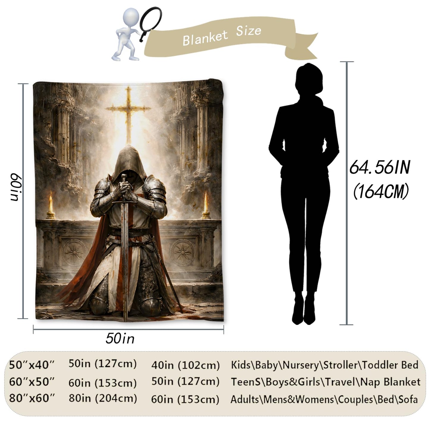 Ti Caldi Medieval Knight Cross Blanket Gifts, Crusader Knight with Sword Flannel Throw Blanket for Couch, Bed, Travel & Decor, Cozy Lightweight Warm Blankets for Adults Women Men Teens 60×50 in