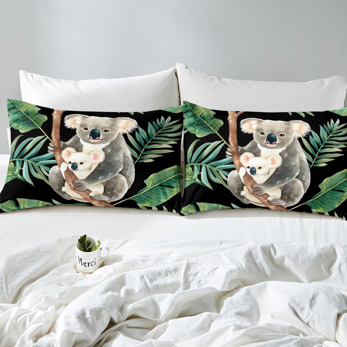 Erosebridal Koala Bedding Set, Cartoon Cute Koala Bed Sheet Twin Size for Kids Boys Girls, Animal Fitted Sheet, Tropical Palm Leaf Bedspread Cover Bedroom Living Room Decor
