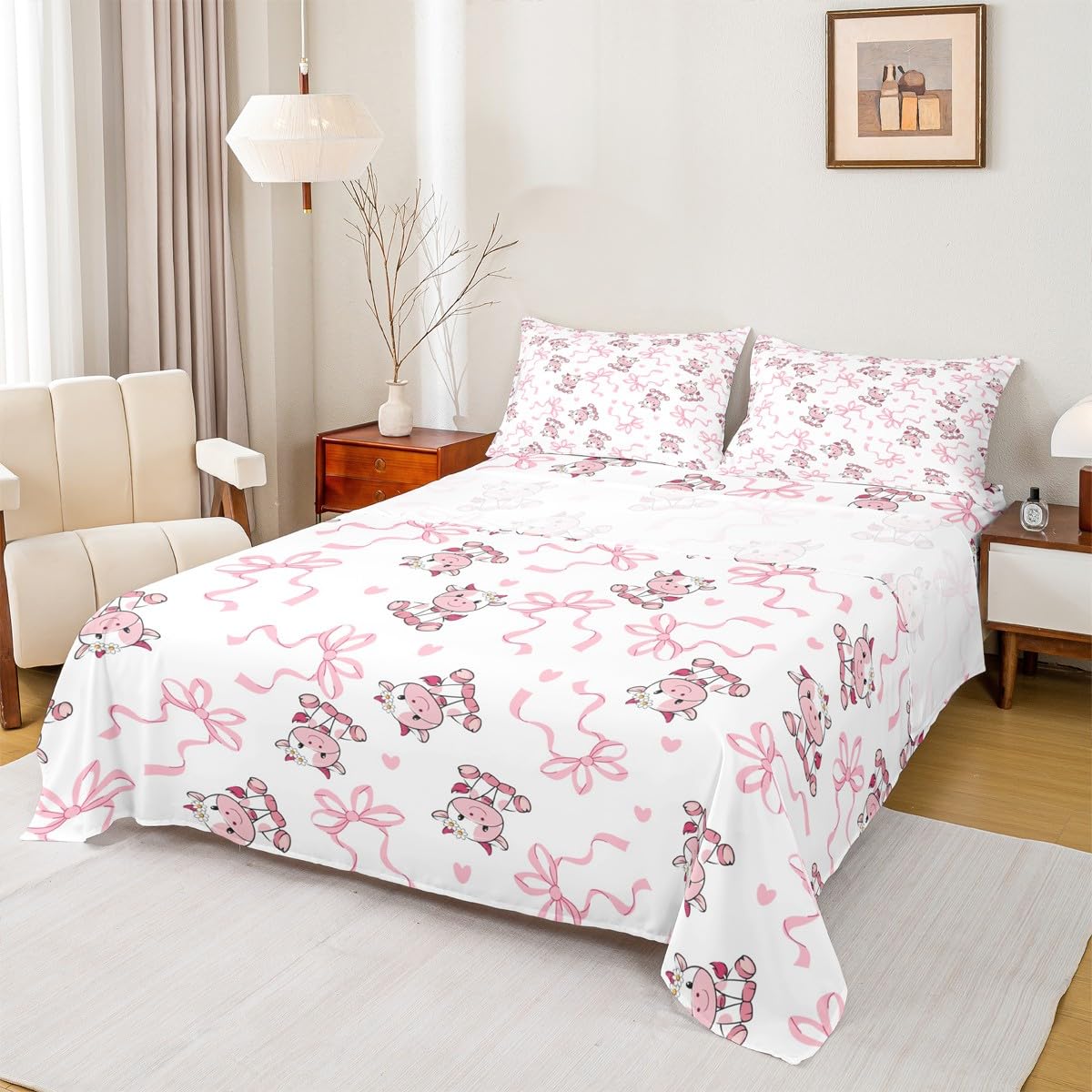 Erosebridal Pink Bow Bed Sheets Set Full Size, Dreamy Princess Cute Cow Flat Fitted Sheet for Kids Girls Women Bedroom, Cartoon Bowknot Bedding Set, Girly Love Heart Bed Sets with 2 Pillow Cases