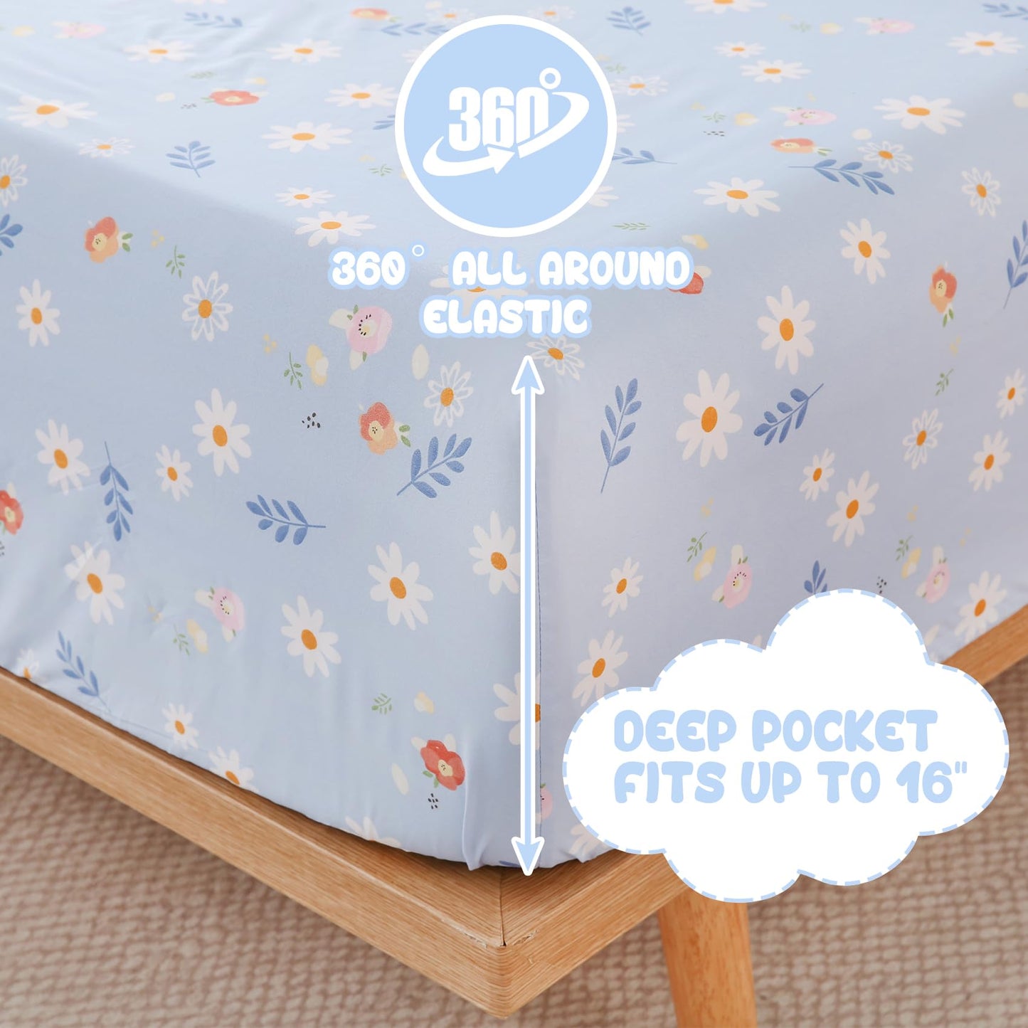 Yibeizi Blue Floral Sheet Set for Girls Twin, Kids Cute Daisy Print Bedsheets Microfiber Deep Pocket Flower Patterned Bed Sheet & Pillowcase Sets 3 Pieces