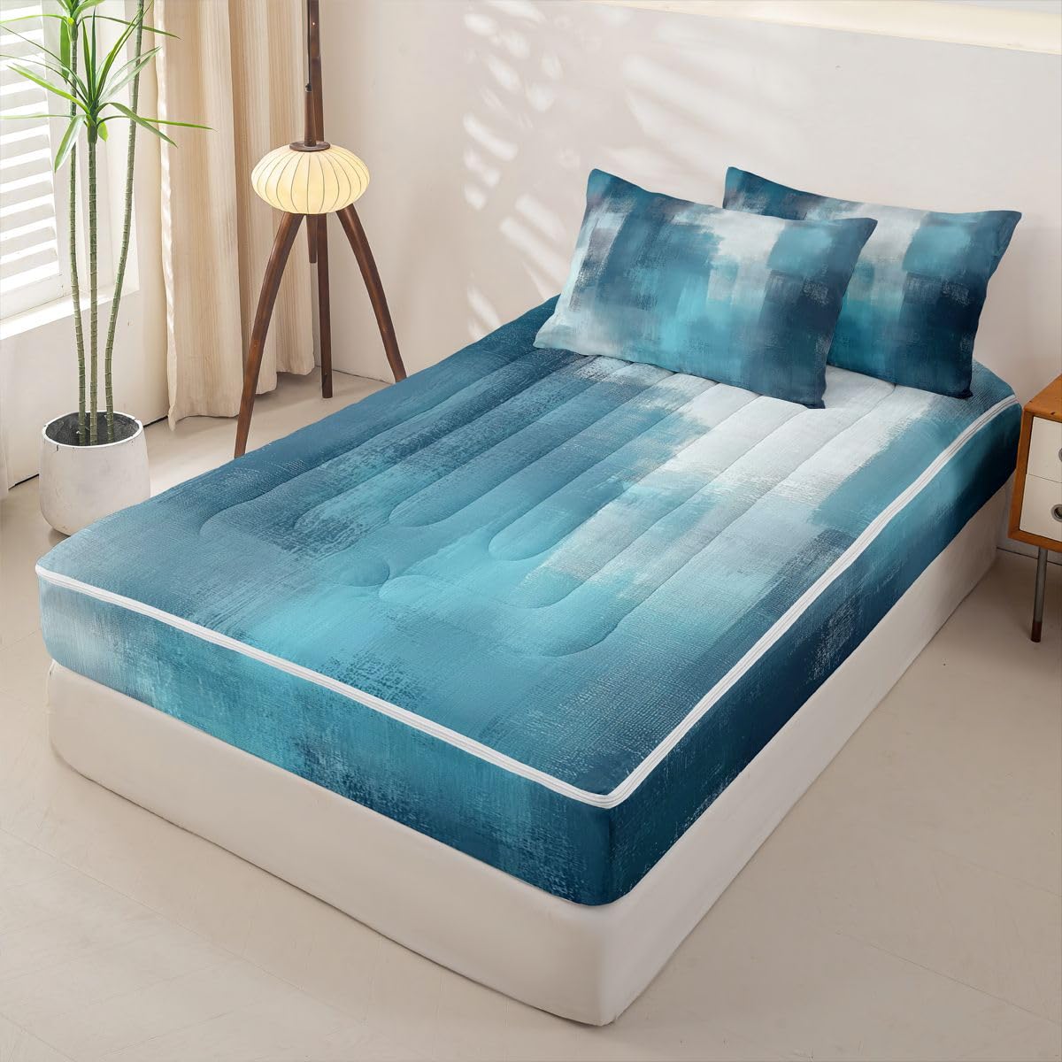 jejeloiu Abstract Zipper Bedding Twin Blue Zipper Bedding Sets for Kids Boys Girls Modern Art Comforter Set with Fitted Sheet and 2 Pillowcases Bedroom Decor