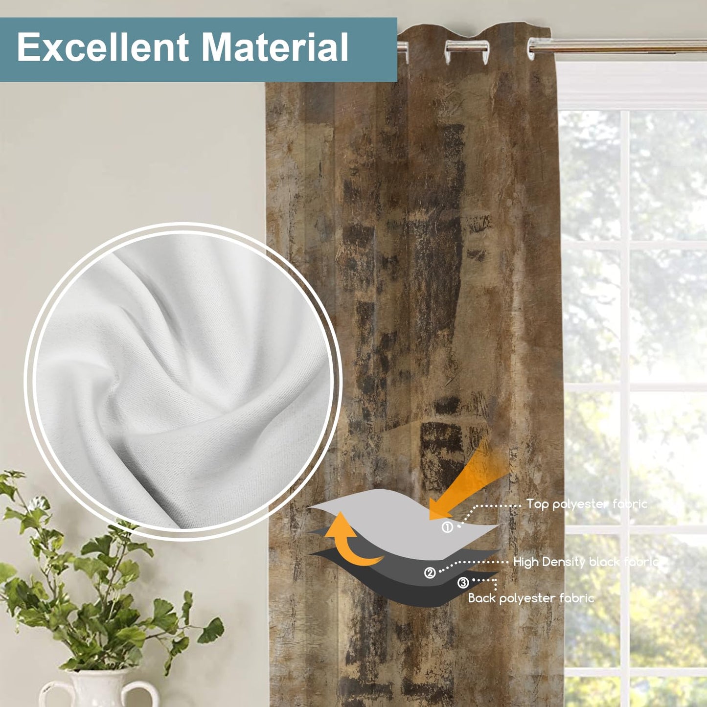 Shrahala Brown Abstract Art Blackout Window Curtains, Grey Acrylic Thermal Insulated Curtains Grommet Top Window Drapes for Living Room, Bedroom (2 Panels,52 x 63 in)