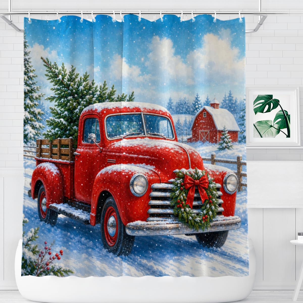 TopPacific Winter Red Truck Shower Curtain 72x72 Inch Shower Curtain with 12 Hooks Polyester Red Truck Wreath Snow Barn Pine Trees Bathroom Decor