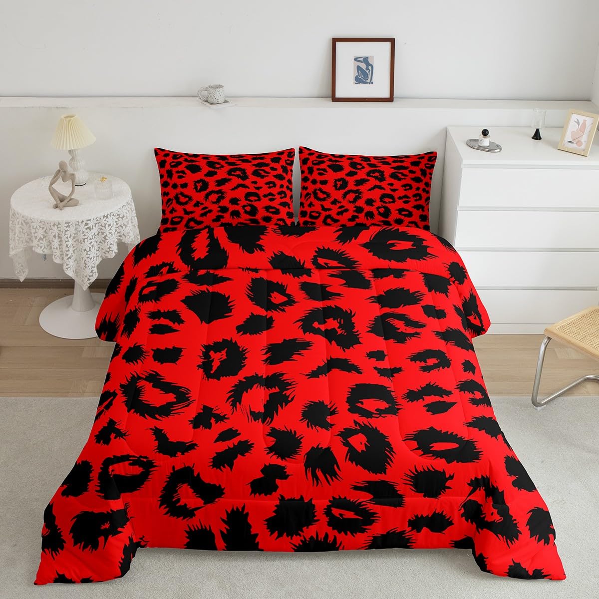 Erosebridal Cheetah Print Comforter Set Twin,Red and Black Leopard Down Comforter for Kids Boys Girls Bedroom,Afric Safari Animal Print Bedding Set Retro Wildlife Bedding Quilt Sets 1 Pillow Case