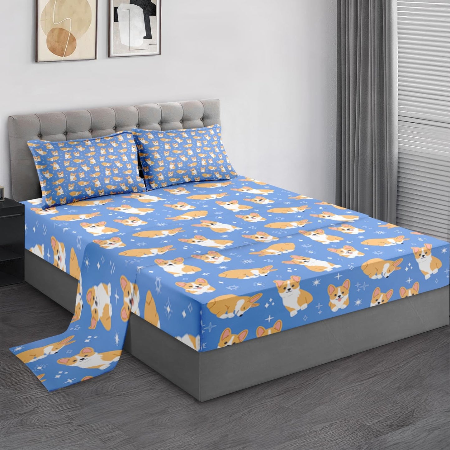 Pamnest Queen Size Bed Sheet Sets, Kawaii Cute Corgi Soft Microfiber 4 Pcs Bedding Sets for Kids and Adults Bedroom Bed Decor, Dog Animal Flat, Fitted Sheet and 2 Pillowcases