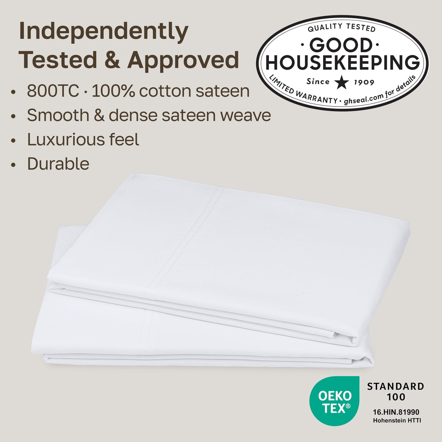Heirloom Soft, Smooth & Thick Certified 800 Thread Count 100% Cotton Sateen, 2 King Size Pillow Cases, Fits King Pillows (Bright White)