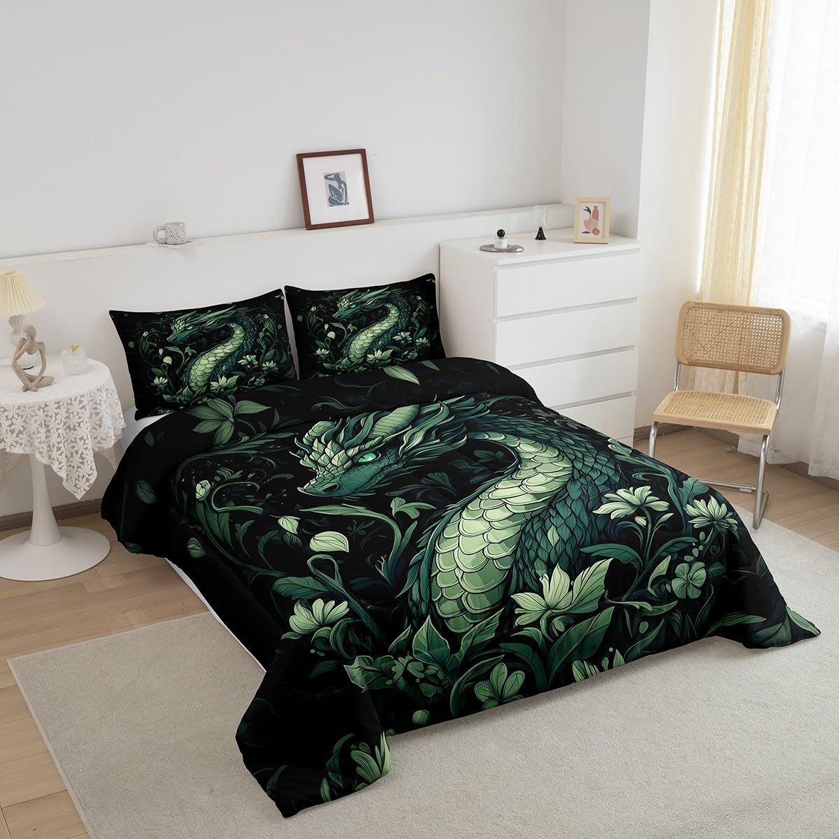 Retro Dragon Kids Comforter Toddler,Botanical Plants Wildlife Bedding Set for Teens Youth Bedroom Decor,Jungle Wild Leaves Animals Reversible Quilt Sets,Rustic Farmhouse Style Bedding Comforter Set