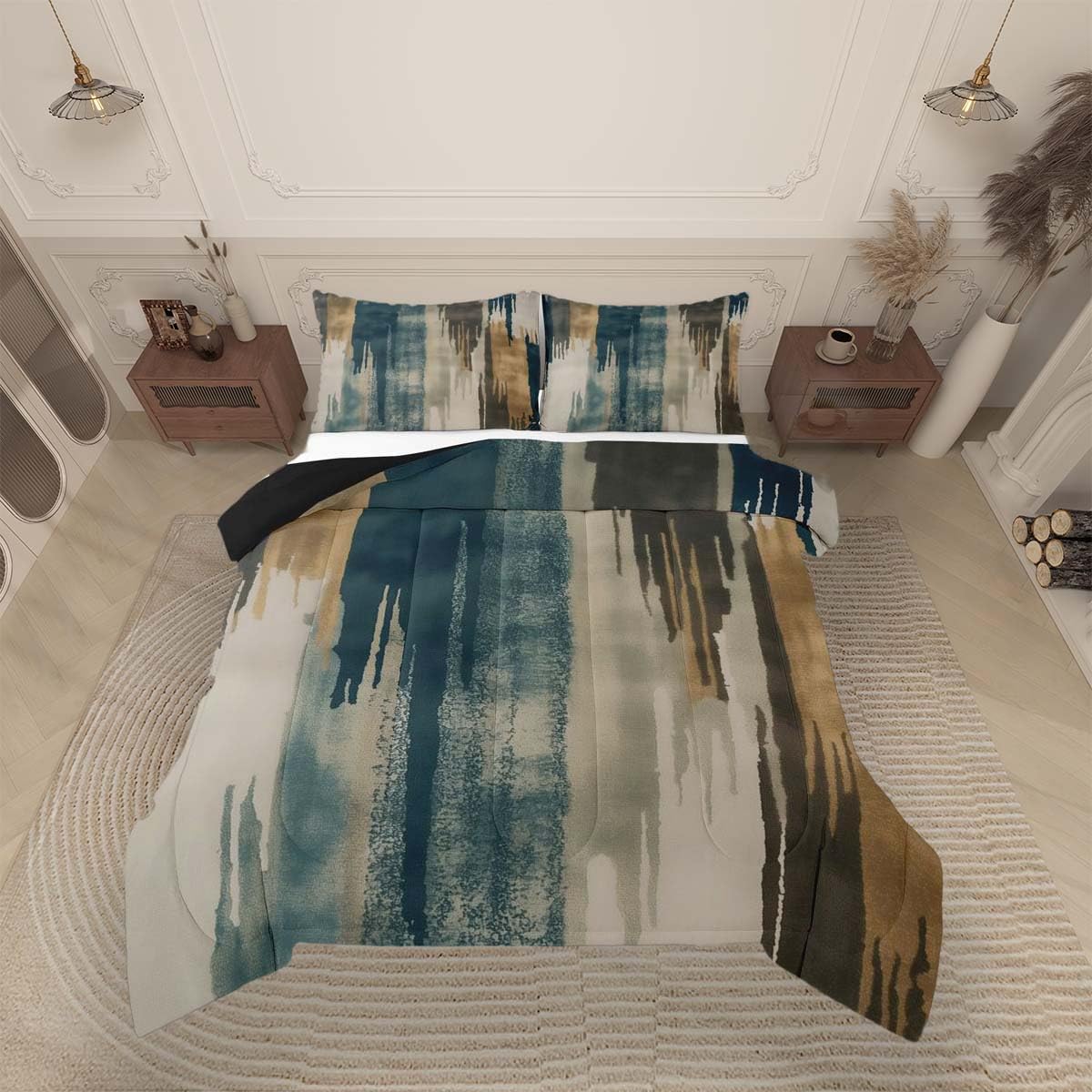 jejeloiu Blue Brown Abstract Kids Comforter Set Queen Size Modern Art Bedding Set Splash Ink Abstract Duvet Quilt for Kids Boys Girls Bedroom Luxury Decor Microfiber Ultra Soft Breathable