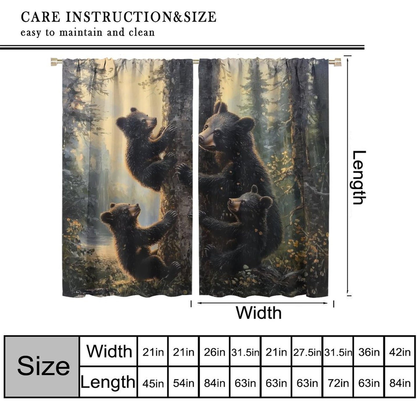 LOMADIA Bear Blackout Curtains, Retro Funny Forest Animal Woodland Wildlife Pattern Drapes, Black Bear Window Treatments Curtain for Kitchen Bedroom Living Room Home Decor 42" W x 45" L