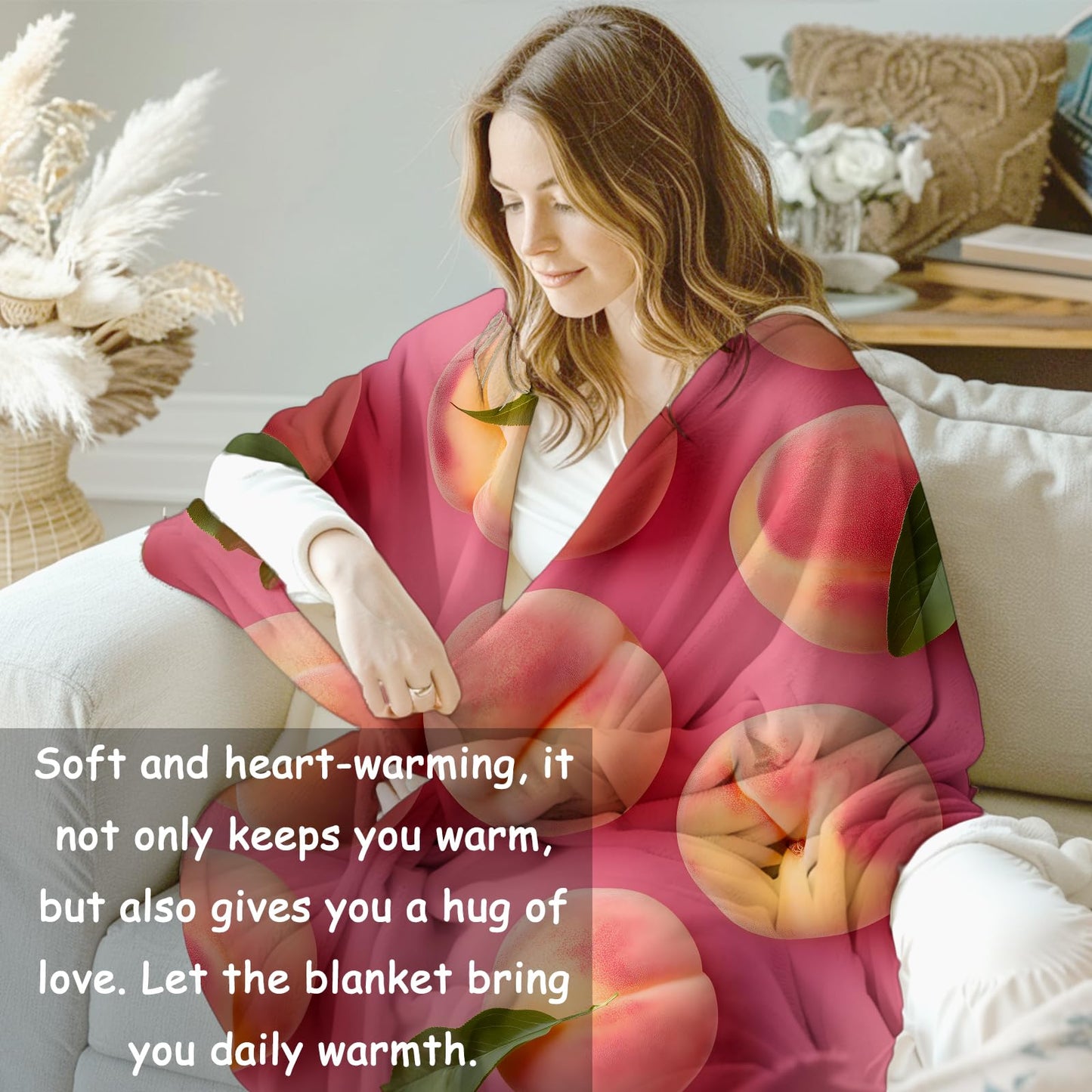 VANZEV Peach Fruit Blanket Gifts for Women, Fresh Fruits Theme Flannel Blanket, Soft Warm Lightweight Throw Blankets for Bedding Sofa Couch Home Travel Decor 50" x 60"