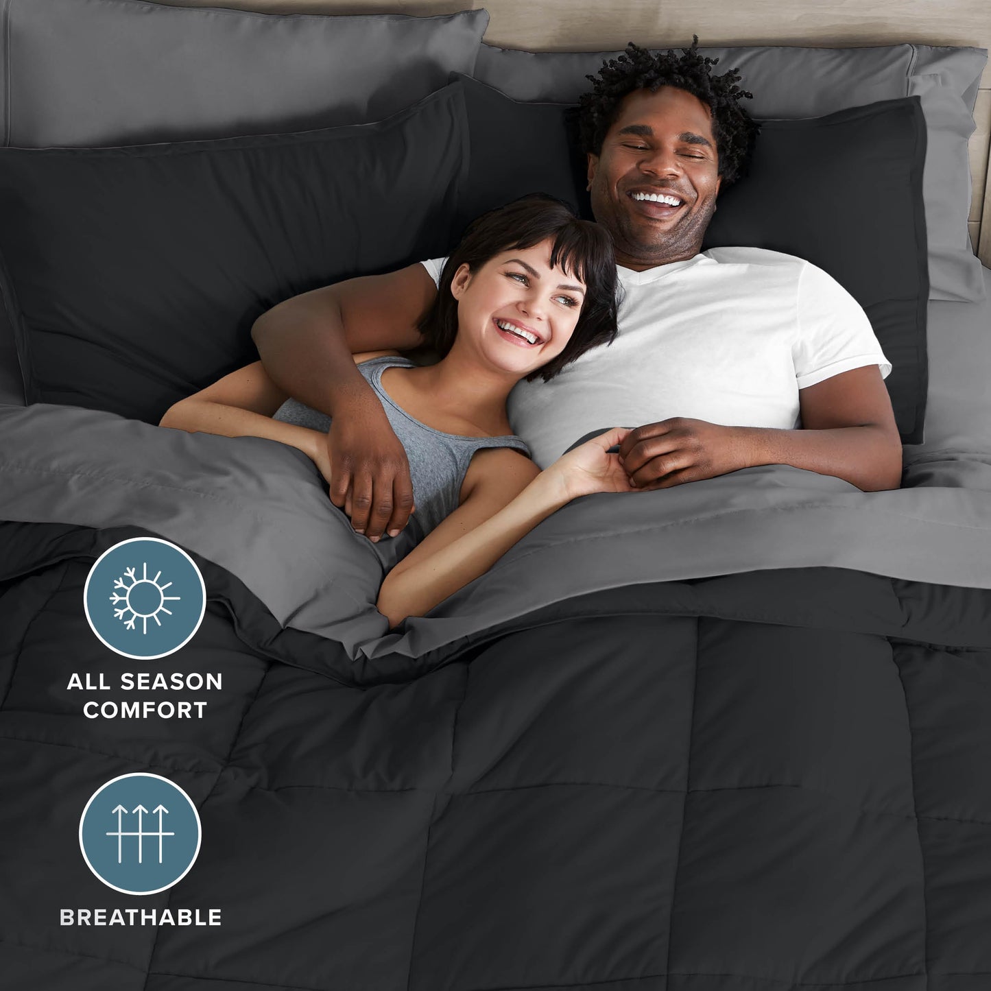 Bare Home Bed-in-A-Bag 7 Piece Comforter & Sheet Set - Queen - Goose Down Alternative - Ultra-Soft 1800 Premium Bedding Set (Queen, Black/Grey)