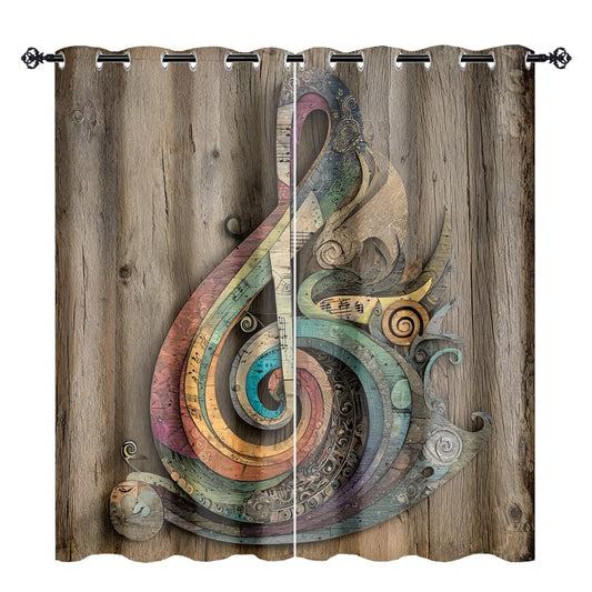 XSUPFLYM Retro Classic Musical Note Privacy Perforated Curtains Modern Realistic Wooden Wall Music Note Curtains Top Grommets Window Treatment 2 Panels.Each 21" W x 45" L