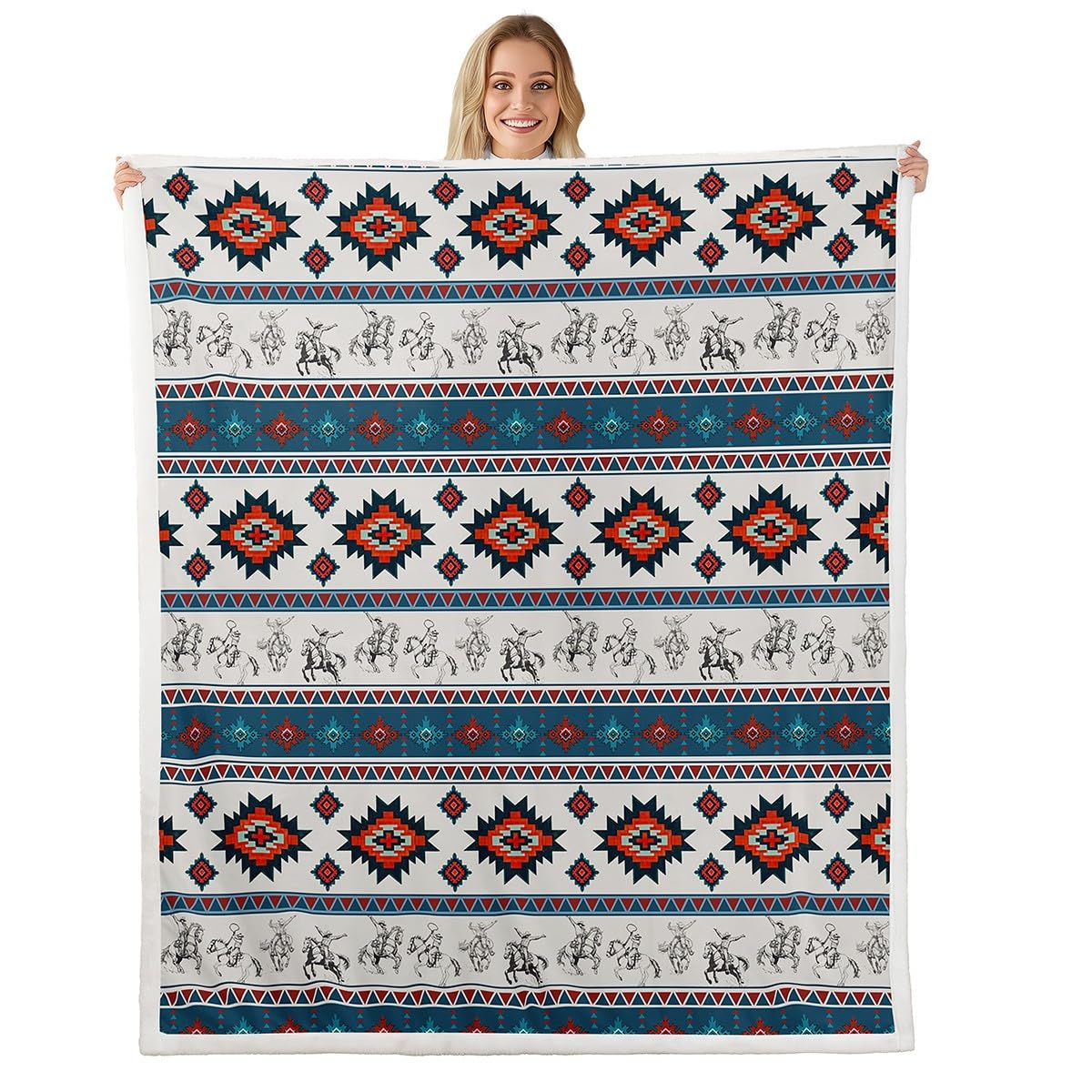 Feelyou Western Cowboy Sherpa Throw Blanket for Couch Southwestern Aztec Pattern Super Cozy Fleece Ranch Farmhouse Blanket for Winter, Plush Throw Horse Riding Design 40"x50" Teal and Red All Season