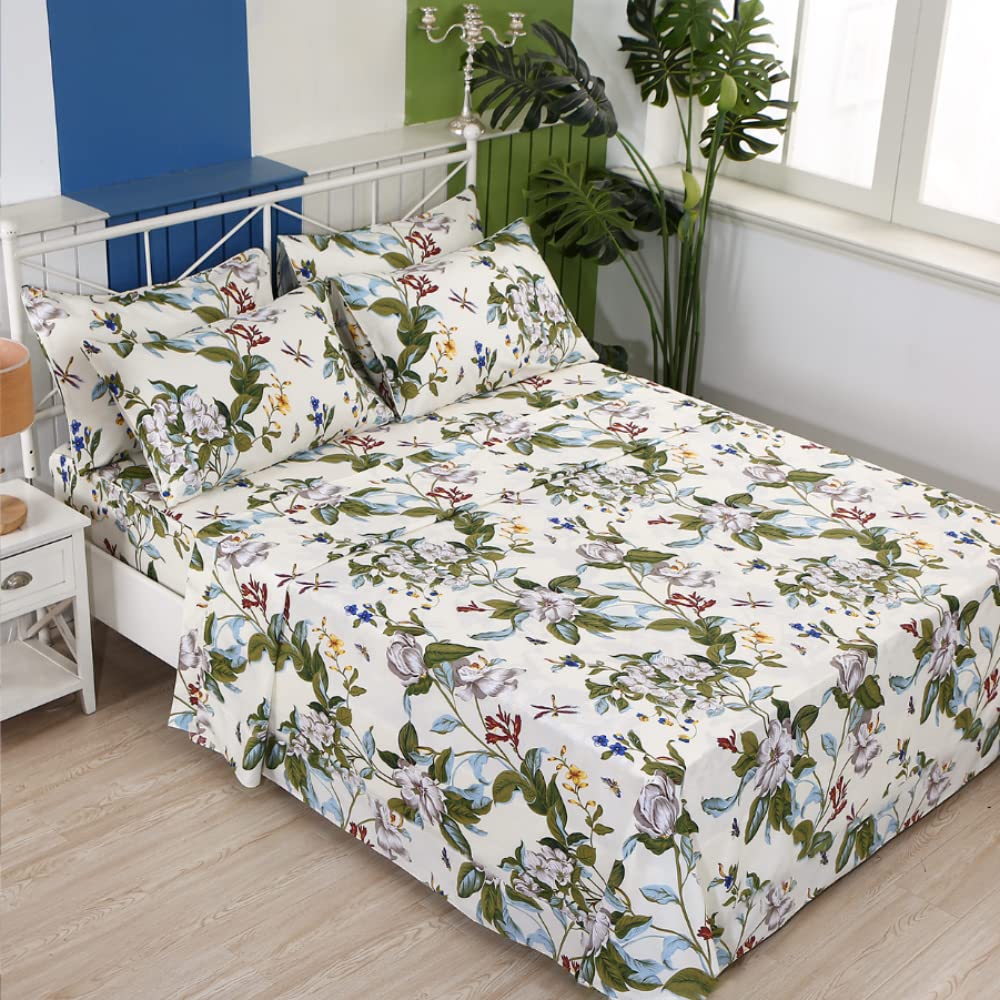 FADFAY Shabby Floral Sheets King 100% Cotton 600 TC White Flower and Green Leaves Bedding Vintage Garden Botanical Print Country Side Bed Sheet Soft Deep Pocket Sheet 17.5'',Beige